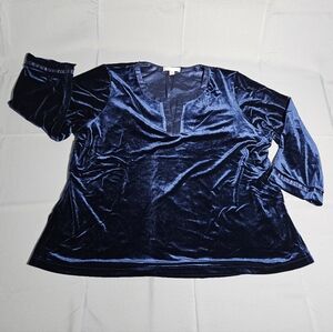 Oscar De La Renta Pink Label Navy Velvet Vneck 3/4 Sleeve Designer Top 3XL